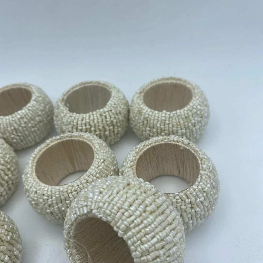 VTG Set Of 9 Beaded Cream Color Chunky Napkin Rings Holders